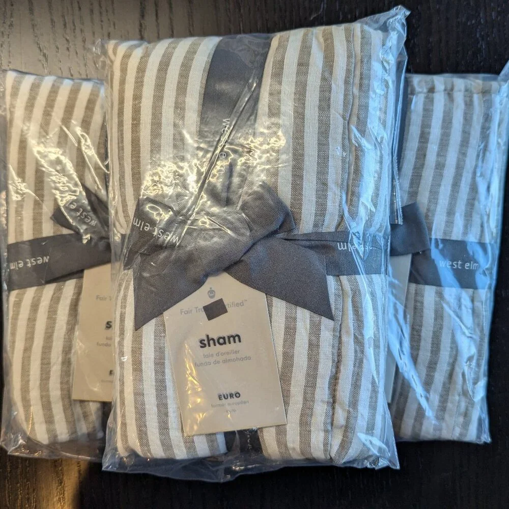 WEST ELM | NEW | European Linen Classic Stripe Euro Sham, Cedar Stripe Set of 3